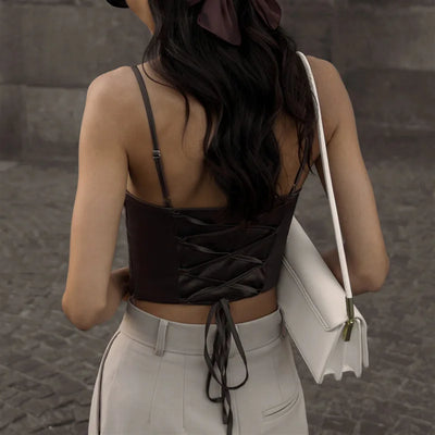 Spaghetti Strap Tank Top Sexy Backless Bandage Skinny Crop Tops 2024 Summer Elegant Lace Up Party Streetwear Women Camis - Smarsty