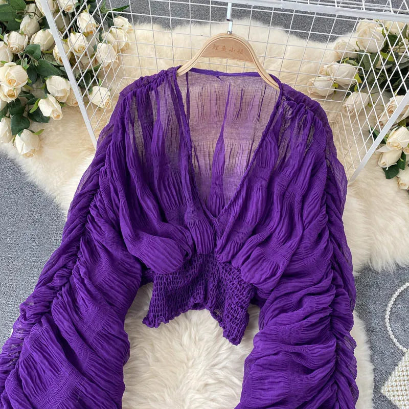 Women Sexy Chiffon Short Blouse Female See Through Super Long Sleeve Blusas Purple/Green/Black/White Folds Party Tops 2022 New - Smarsty