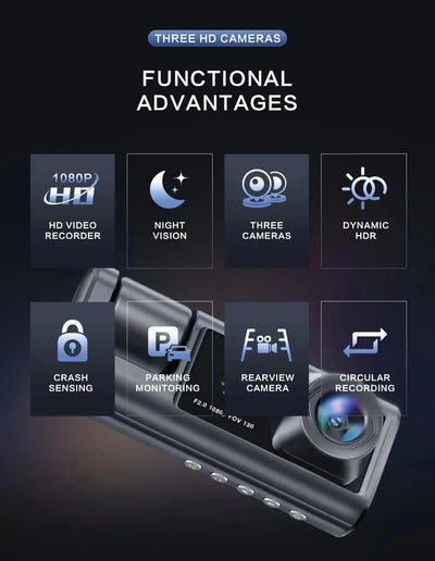 1080P 3 Channel Dash Cam Night Vision Crystal IPS Screen - Smarsty
