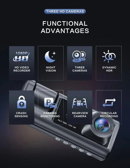 1080P 3 Channel Dash Cam Night Vision Crystal IPS Screen - Smarsty