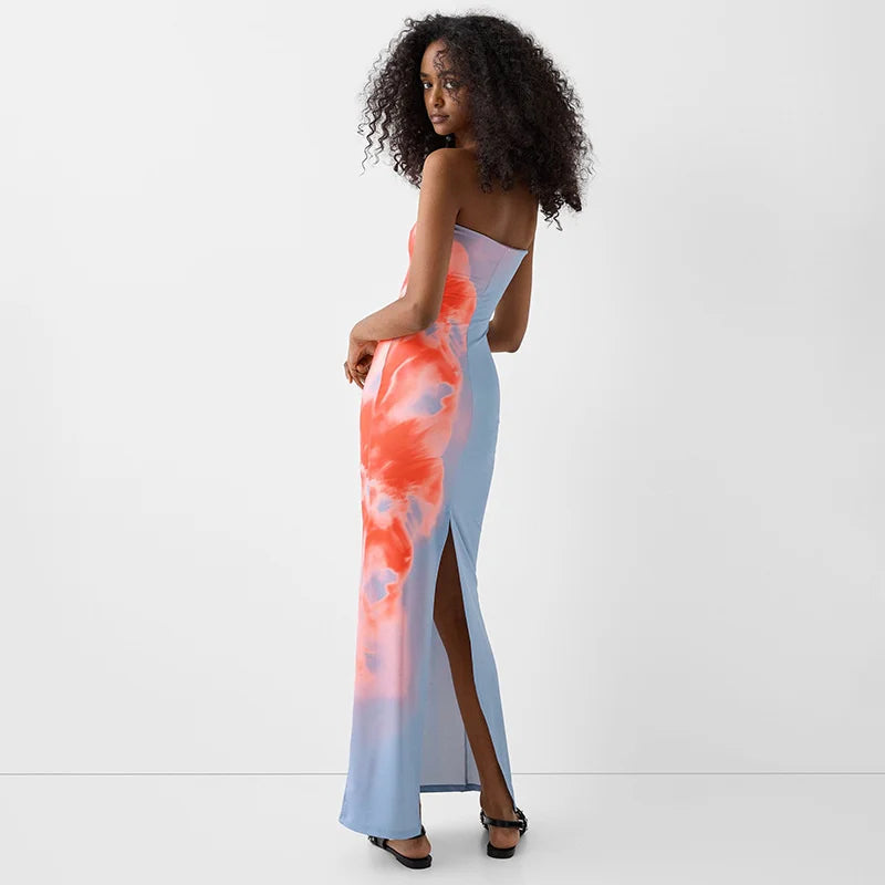Sexy Strapless Print Tube Maxi Dress Women Off Shoulder Backless Stretch Long Sundress Summer Beach Y2K Clothes - Smarsty