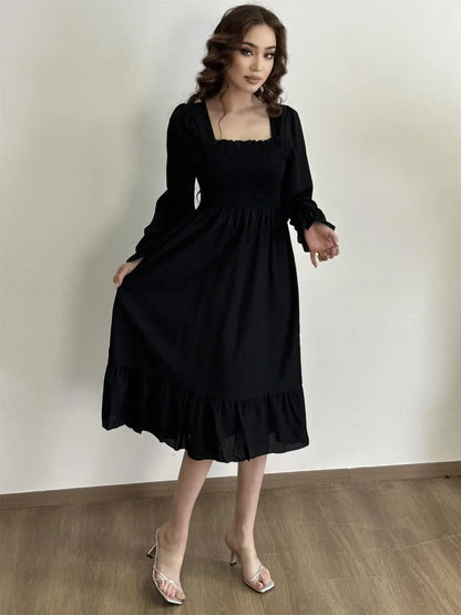 Long Sleeve Casual Dress Women Chiffon Dresses Autumn Spring A-line Printed Floral Elastic Chest Lace Up Midi Dresses Vestidos - Smarsty