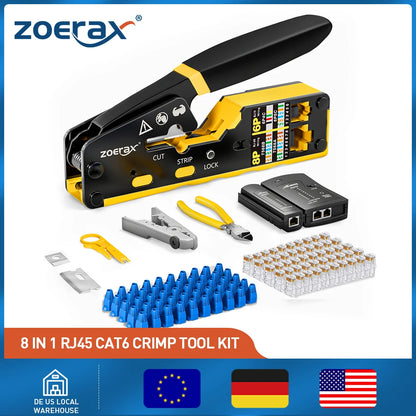 ZoeRax 8 in 1 RJ45 Cat6 Cat5e Crimp Tool Kit RJ45 Crimping tool,Cable Tester,Wire Cutter,Blades,50Pcs Cat6 Connectors and Boots