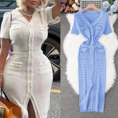 YuooMuoo 2025 New Arrival Women Knitted Long Dress Elegant V-neck Single-breasted Split Sweater Dress Office Lady Vestidos - Smarsty