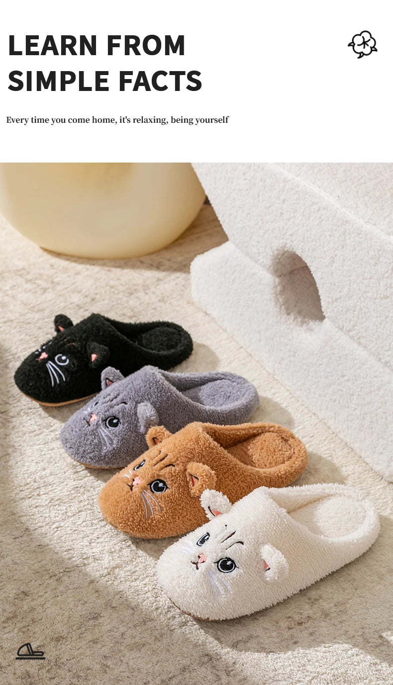 Women's Cartoon Cat Plush Slippers Cozy Winter Bedroom House Shoes with Non-Slip Soft Sole for Indoor Comfort Home Warm Shoes - Smarsty