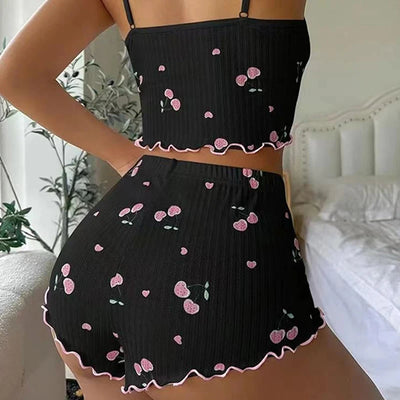 Sleepwear Women's Summer Pajama Set Heart Print Sexy Ribbed Bow Decor Round Neck Backless Crop Cami Top & Shorts Nightwear - Smarsty