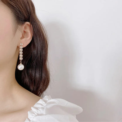 Pearl Long Earrings With Rhinestones For Wedding Fashion - Smarsty
