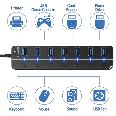 USB 3.0 Hub 7 Port High Speed Powered Switch Cable - Smarsty