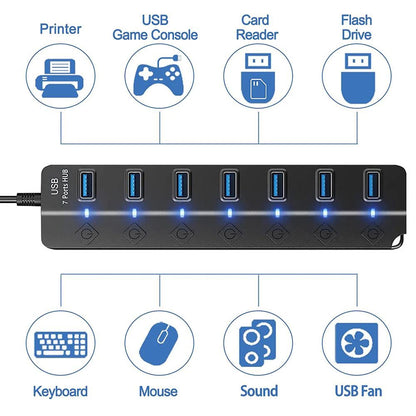 USB 3.0 Hub 7 Port High Speed Powered Switch Cable