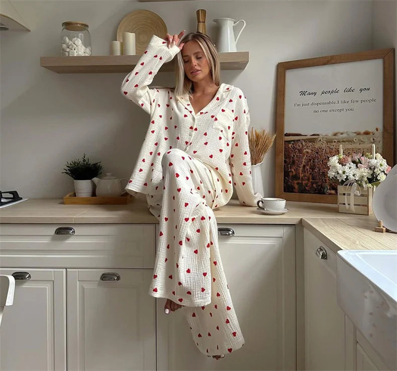 Summer New Love Heart Print Pyjama 100% Cotton Long Sleeve Set 2Pcs Outfit Lapel Sleepwear Button Down Women's Pajamas Nightwear - Smarsty