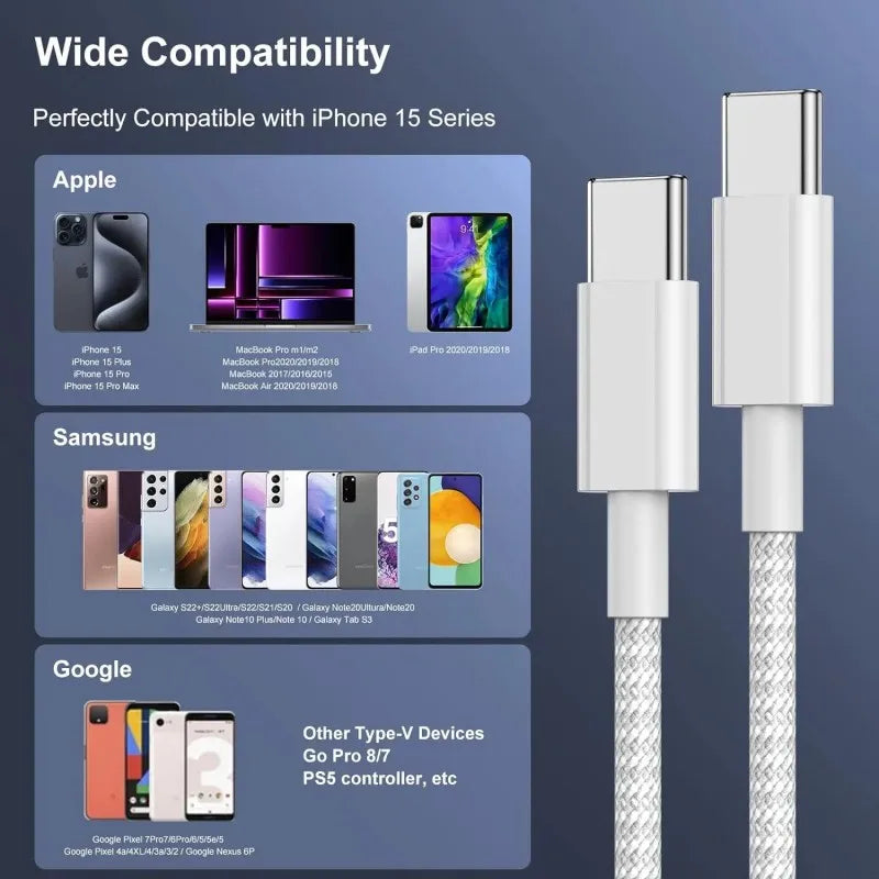 3PCS USB C Cable to USB C 100W Fast Charging Charger Cable Supports Fast Charging For iPhone 16 15 Samsung Xiaomi Huawei etc - Smarsty