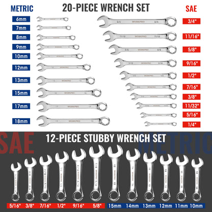 WORKPRO 32-Piece SAE & Metric Combination Wrenches Set, 20-Piece Standard wrenches and 12-Piece Stubby Wrenches with Organizer