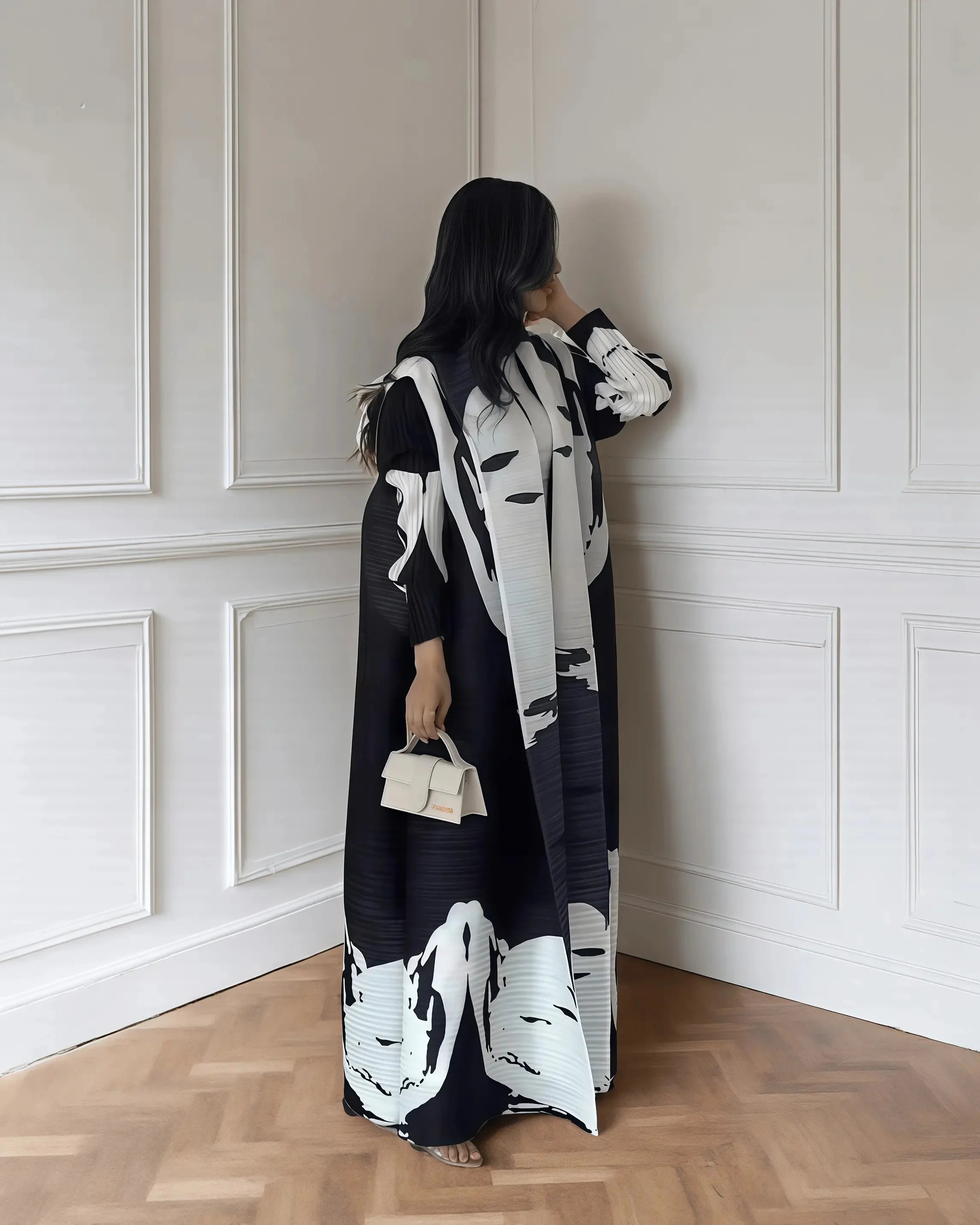 Women's Fold Miyake Pleated Abaya Long Sleeve Print Foldable Collar Robe Cardigan Coat New Winter Fashion Original Design 2024 - Smarsty