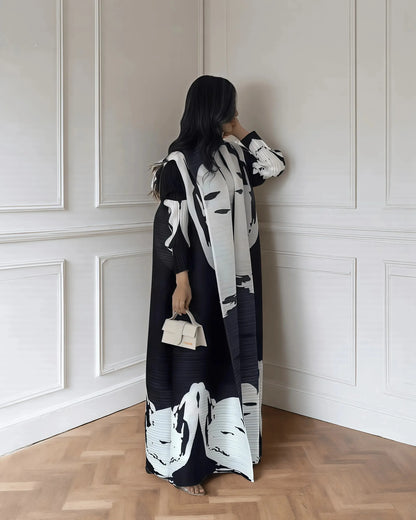 Women's Fold Miyake Pleated Abaya Long Sleeve Print Foldable Collar Robe Cardigan Coat New Winter Fashion Original Design 2024 - Smarsty