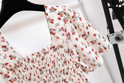 Spring Summer Chiffon Dress Women Midi DressesFemale Short Sleeve Elastic Waist Printed Floral Pleated Backless Casual Dress - Smarsty