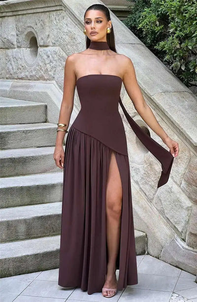 Mozision Strapless Off-shoulder Sexy Maxi Dress For Women Gown Patchwork Scarf Collar Thigh High Split Club Party Long Dress - Smarsty