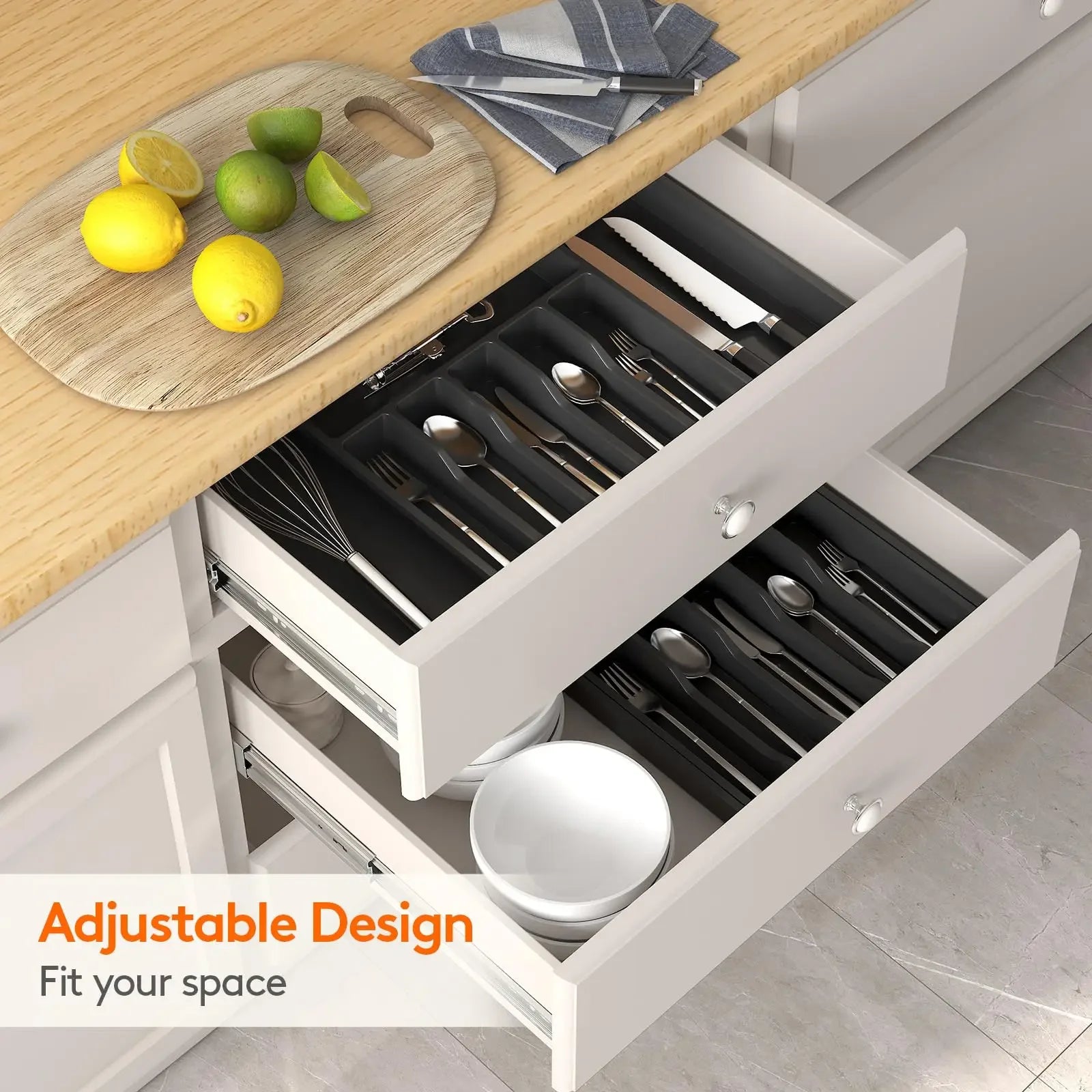 Adjustable Kitchen Storage Organizer Tray – Plastic Multifunctional Drawer Organizer for Kitchen Counter Utensils