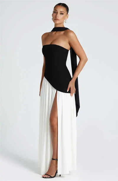 Mozision Strapless Off-shoulder Sexy Maxi Dress For Women Gown Patchwork Scarf Collar Thigh High Split Club Party Long Dress - Smarsty