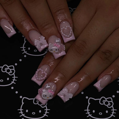 Cute Cartoon Cat Pink French Nail Set for Parties - Smarsty