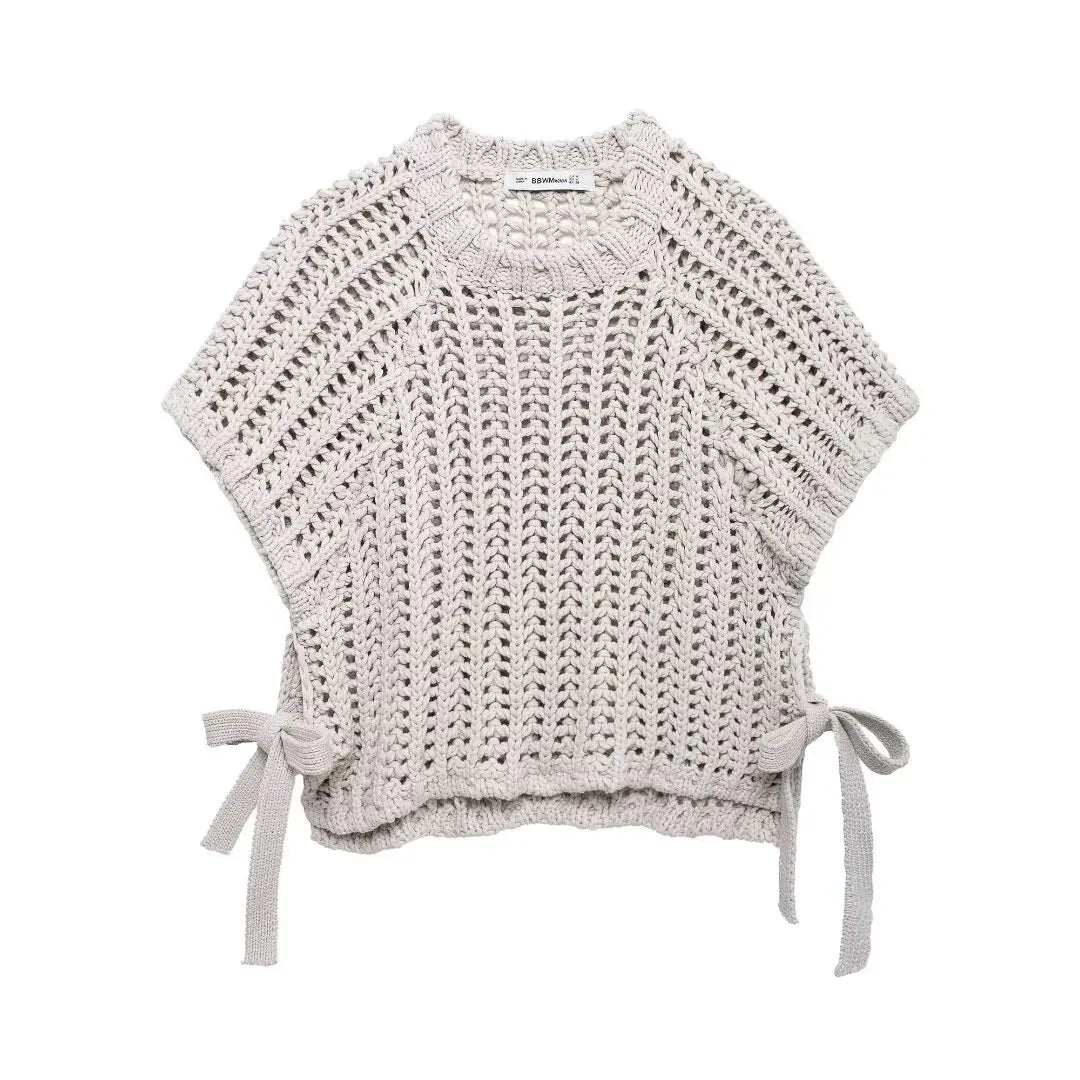 Hollow Out Knit Pullover Women Casual Round Neck Lace Up Bow Sweater Female Autumn Short Sleeves Solid Knitwears Lady - Smarsty