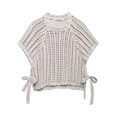 Hollow Out Knit Pullover Women Casual Round Neck Lace Up Bow Sweater Female Autumn Short Sleeves Solid Knitwears Lady - Smarsty