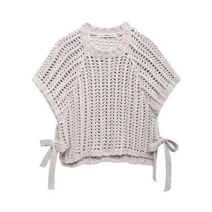 Hollow Out Knit Pullover Women Casual Round Neck Lace Up Bow Sweater Female Autumn Short Sleeves Solid Knitwears Lady - Smarsty