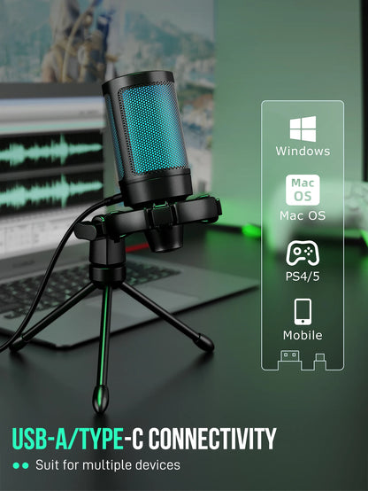AmpliGame RGB USB Gaming Microphone with Mute Feature - Smarsty