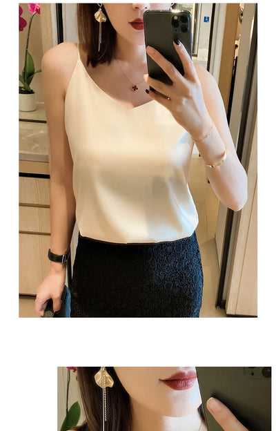 2024 Summer Camisole Slim Vest Sexy Women Sleeveless V-Neck Gray Tee Tank Tops Female Solid Black/White Korean Crop Tops Y2k - Smarsty