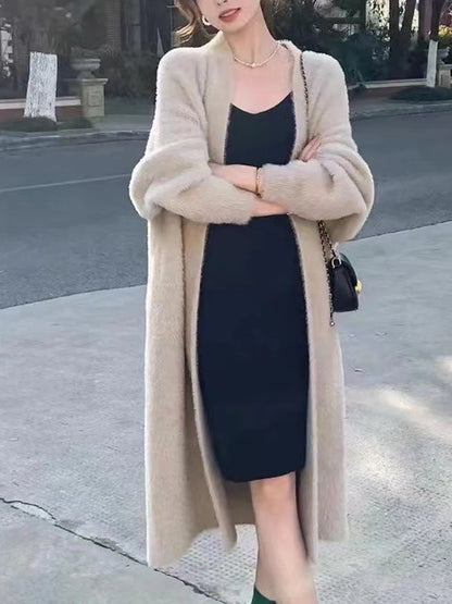 Autumn/Winter Lazy Style Warm Knee Length Thickened Women Cardigan Pure Imitation Mink Fleece Knitted Sweater Women Warm Coat - Smarsty