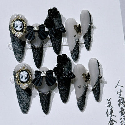 Dark Black Stiletto Press On Nails with Butterfly Design - Smarsty