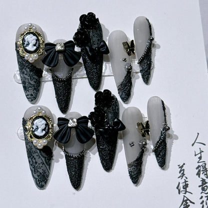 Dark Black Stiletto Press On Nails with Butterfly Design - Smarsty