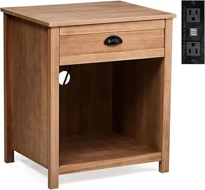 charging station nightstand in farmhouse style, pine wood with drawer for bedroom use