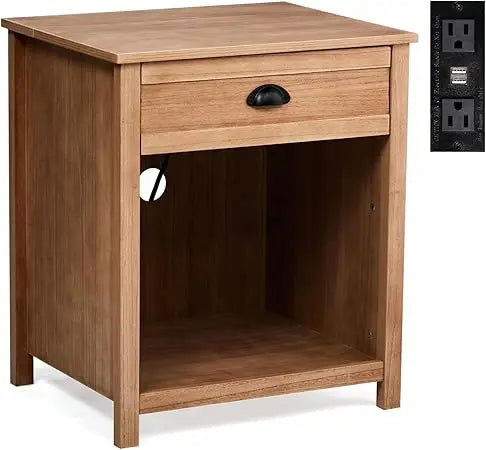 charging station nightstand in farmhouse style, pine wood with drawer for bedroom use