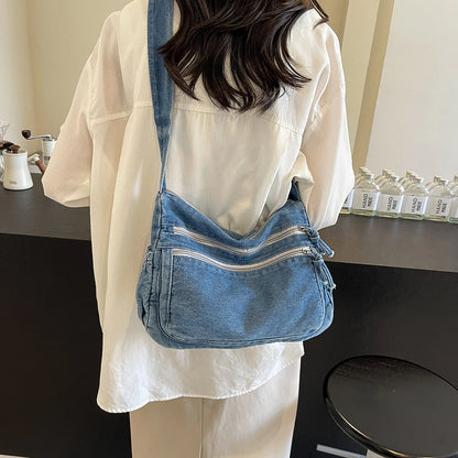 Vintage Denim Shoulder Bag Large Capacity Satchel For Women - Smarsty