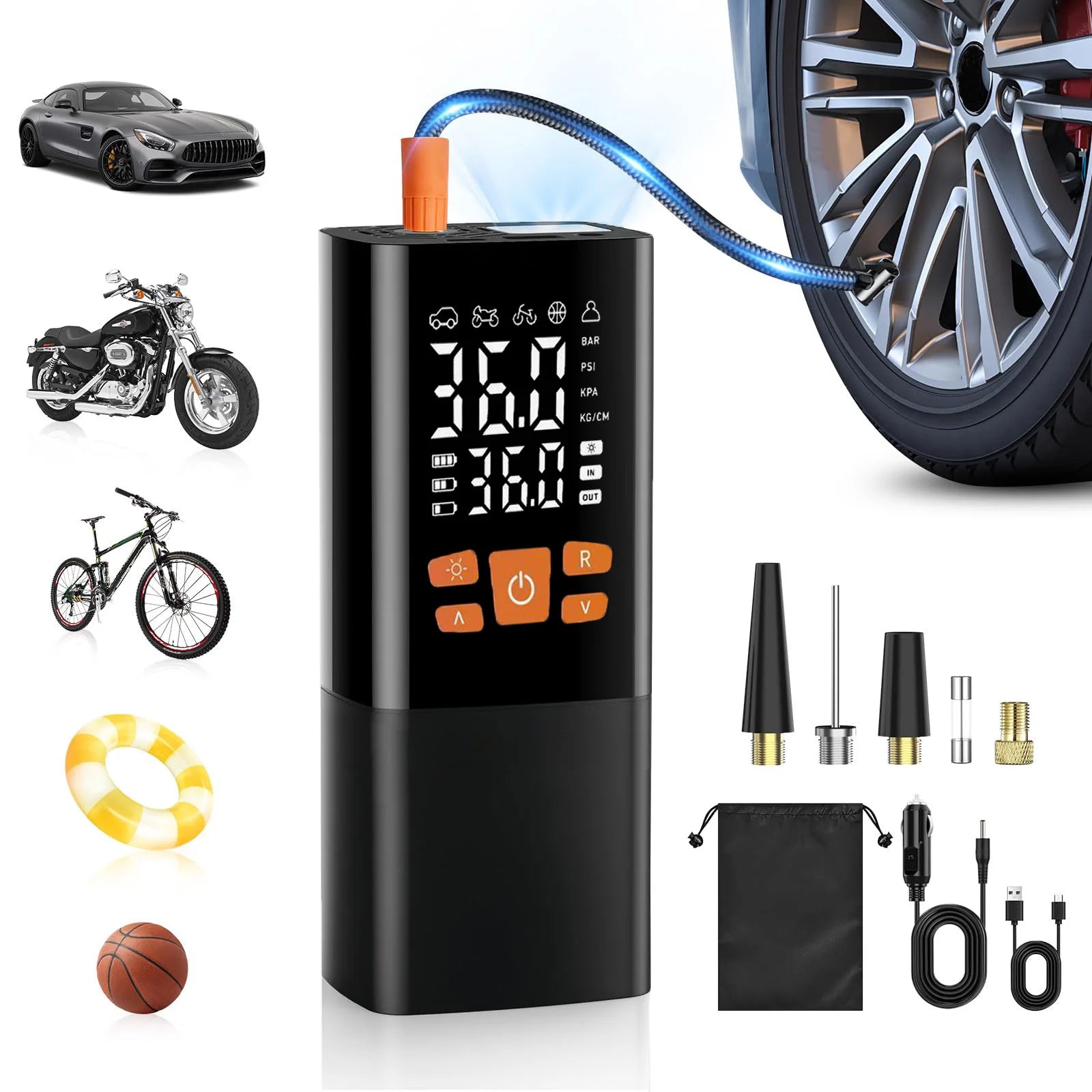 Tire Inflator Portable Air Compressor, Air Pump for Car Tires with LED Lights&Pressure Gauge for Auto, Motorcycles, Bikes, Balls
