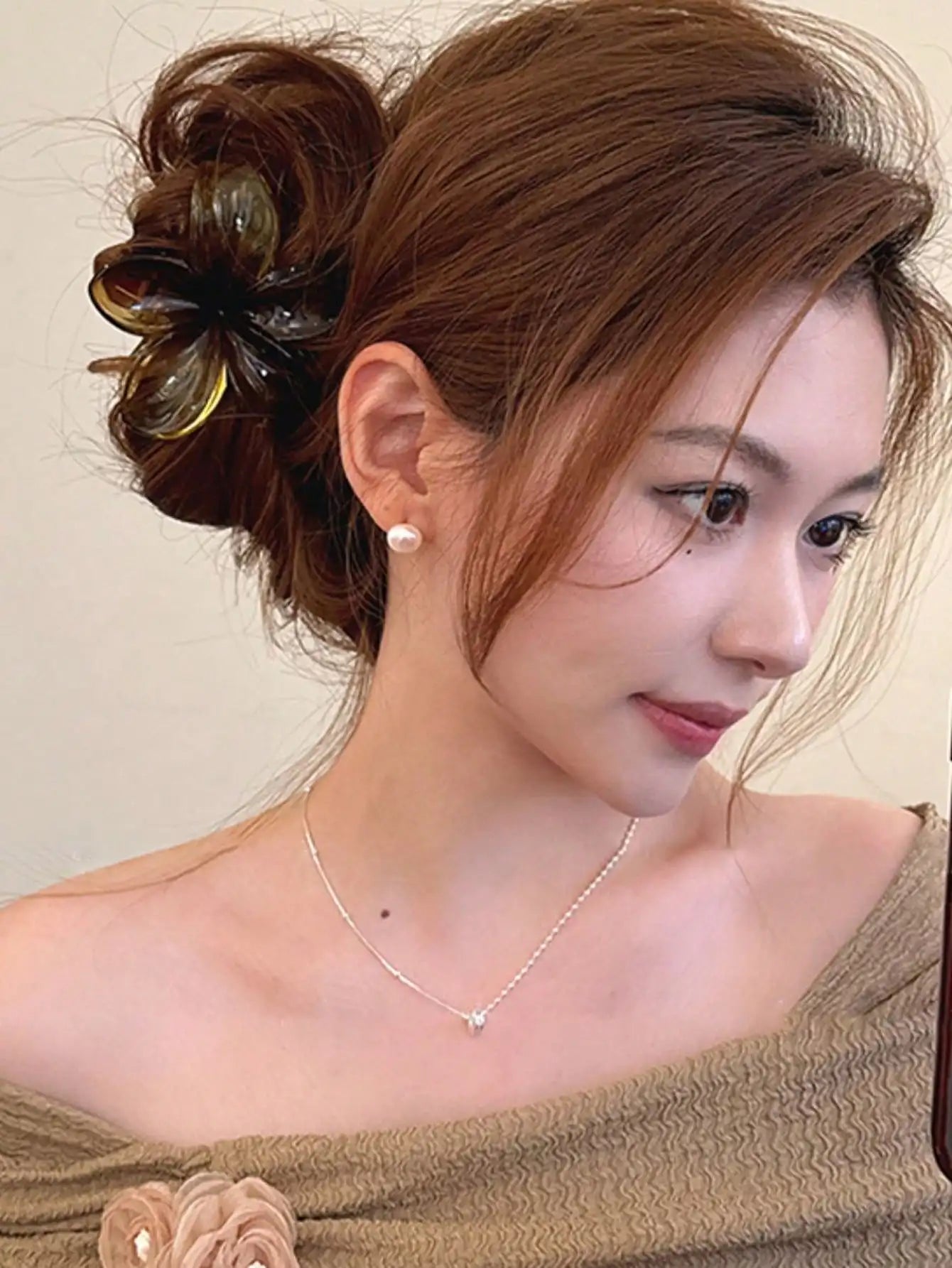 Large Flower Hair Clip Lightweight Mermaid Style Brown Beige - Smarsty