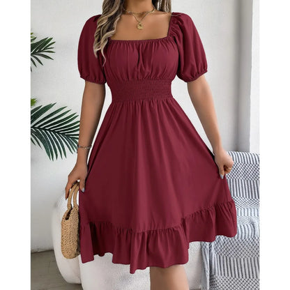 Women's MIidi Dresses 2024 Summer Casual Square Neck Short Sleeved Waist Ruffle Edge Dress Dress Women Elegant Платья Женские - Smarsty