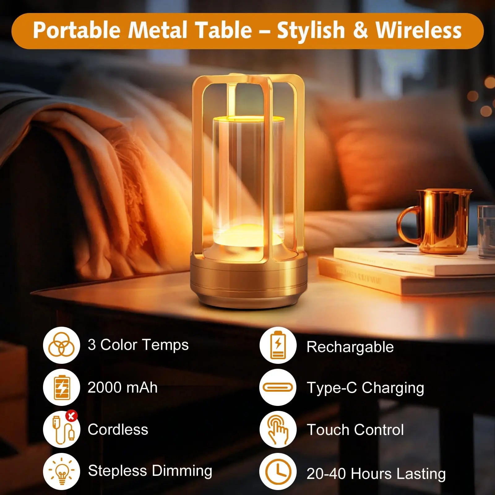 Cordless Rechargeable Portable Table Lamp - 3 Color Dimmable Metal Light for Home & Outdoor