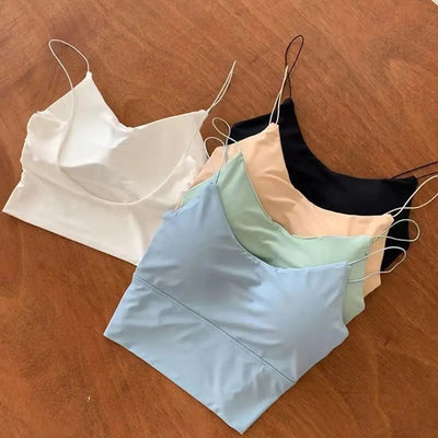 1pc Women Sexy Solid Color Camisole Ice Silk Tube Seamless Sports Tank Top Wireless Underwear Padded Bra Bralette Vest - Smarsty
