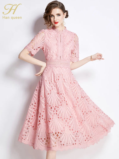 H Han Queen Spring New Elegant Casual Work Party Dresses Floral Crochet Hollow Out Lace Patchwork Casual Office Midi Dress - Smarsty