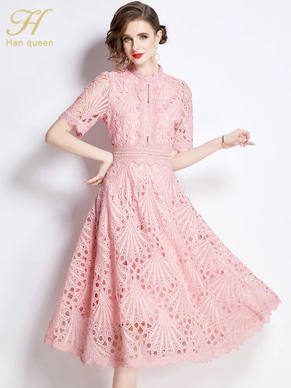 H Han Queen Spring New Elegant Casual Work Party Dresses Floral Crochet Hollow Out Lace Patchwork Casual Office Midi Dress - Smarsty