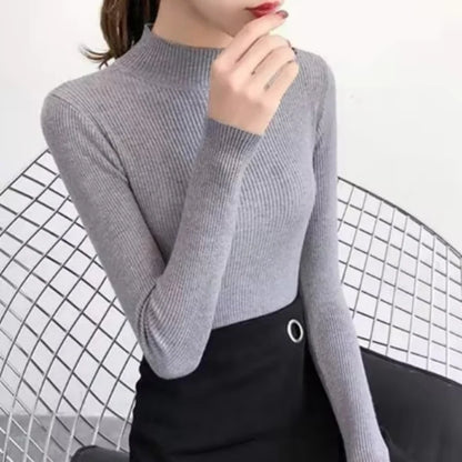 Autumn Winter Mock Neck Women Sweater Vintage Basic Solid Knitted Tops Casual Slim Pullover Korean Sweaters Simple Chic Jumpers - Smarsty
