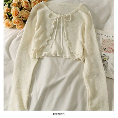 Women Frenum Cardigan Blouses and Tops Bow Lace Up Long Sleeve Crop Top Female Elegant Shirt Thin Aesthetic Clothes Korean Style - Smarsty