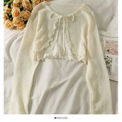 Women Frenum Cardigan Blouses and Tops Bow Lace Up Long Sleeve Crop Top Female Elegant Shirt Thin Aesthetic Clothes Korean Style - Smarsty