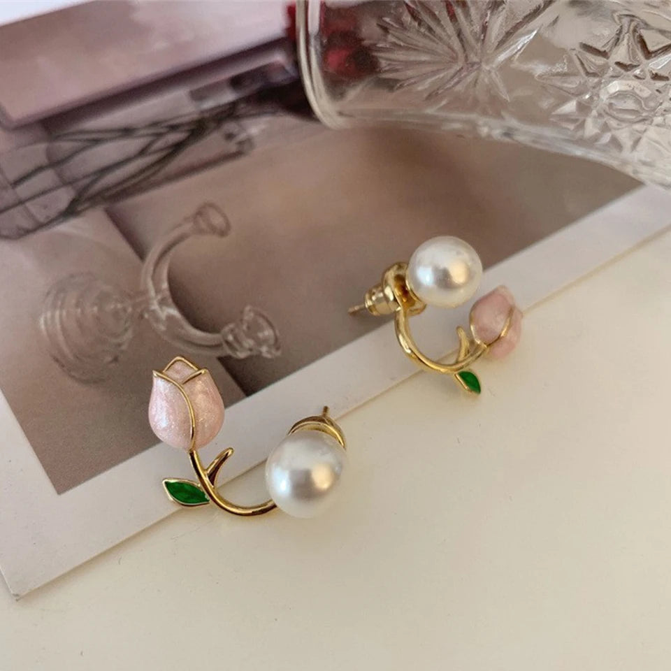 Elegant Rose Stud Earrings With Imitation Pearl Pink Tulip - Smarsty