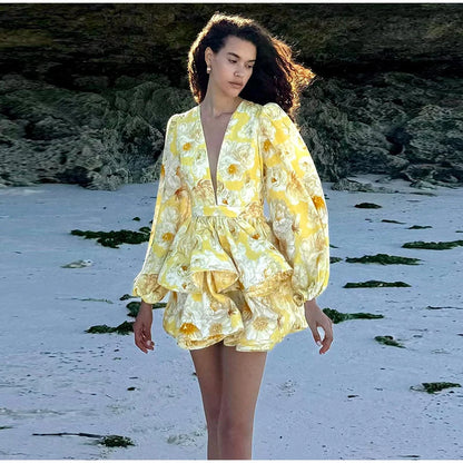 Backless Party Dress Women Elegant 3D Flower Print Sling Lace Up Ruffle A-line Mini Evening Dresses Female 2025 Summer Swimwears - Smarsty