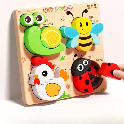 Montessori Cartoon 3D Wooden Puzzle Animal Traffic Jigsaw Toys for Kids Early Learning Educational Cognitive Game Children Gifts by Smarsty