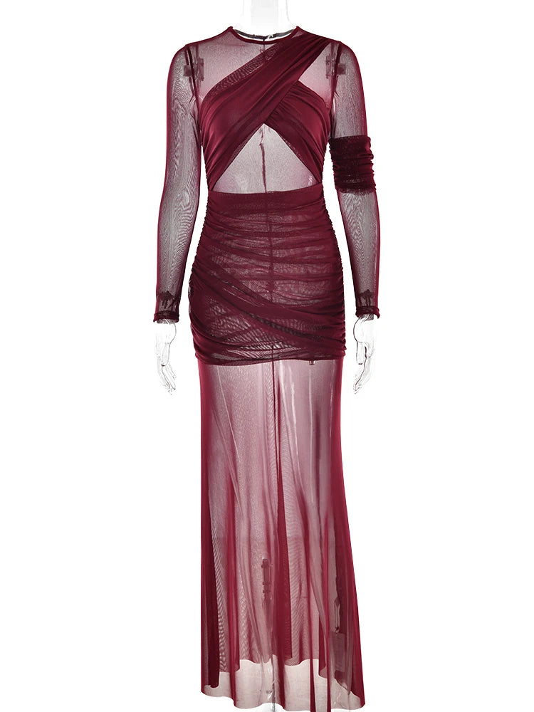 Articat Elegant Mesh Patchwork Long Sleeve Bodycon Party Club Evening Dress Sexy Double Layer Perspective Vestido Autum Clothing - Smarsty
