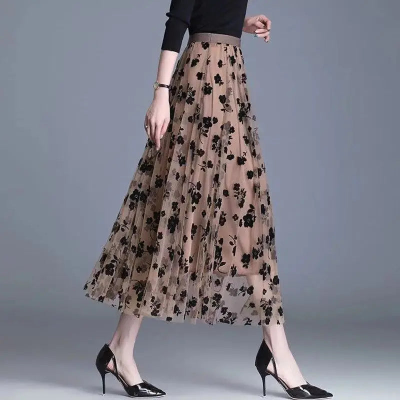Korean Women Tulle Skirt Fashion Summer Hook Floral Loose Midi Skirt Elegant Female Casual All Match Mesh Skirts New - Smarsty