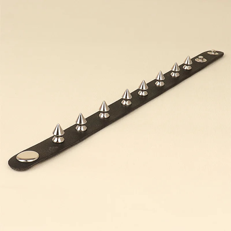 Adjustable Black Leather Punk Bracelet with Metal Spikes - Smarsty
